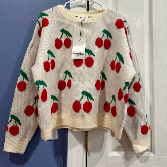 NWT &Merci “Sweet As Can Be” Ivory Cherry Print Sweater in size small - Picture 10 of 16